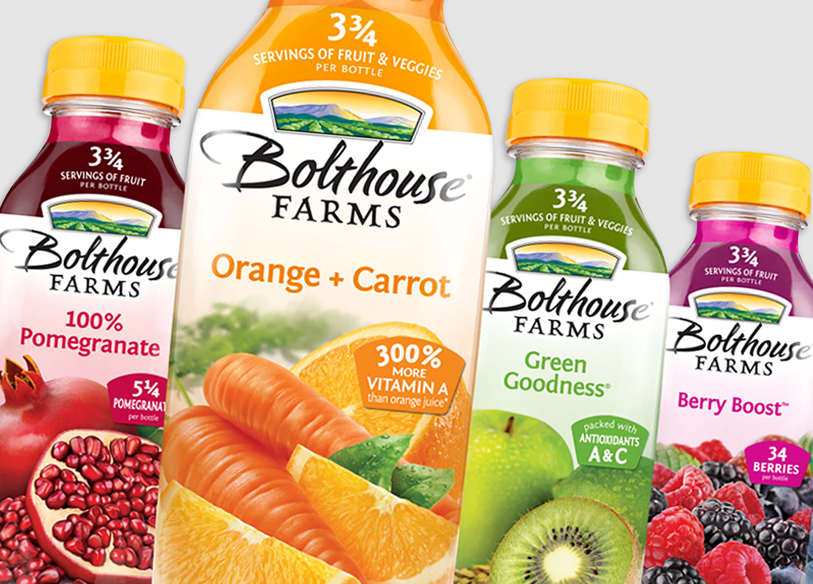 Image of four Bolthouse Farms bottles.