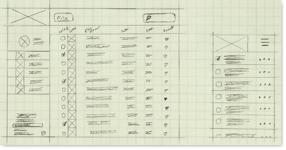 Image of initial sketches and the initial wireframe of the same state  