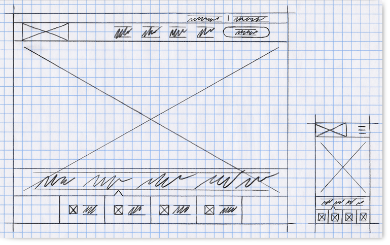 Image of initial sketches and the initial wireframe of the same state  