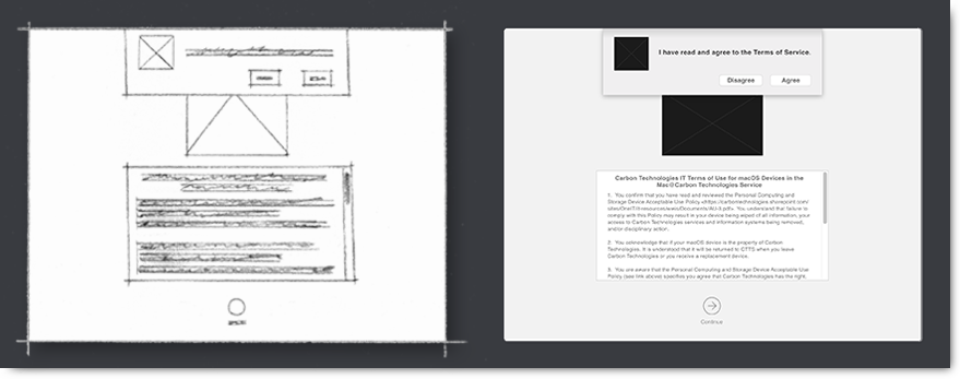 Image of initial sketches and the initial wireframe of the same state  